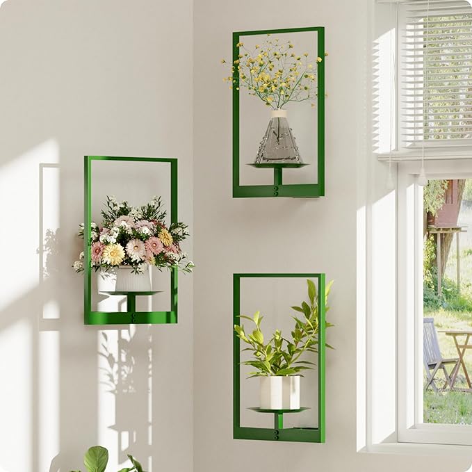 Green Metal Wall Plant Holder - 3-Pack Wall Mounted Plant Stands and Hanging Holders for Indoor Planter and Flower Pot -Rectangle Decor Shelf for Plant Storage (Pot Not Included)