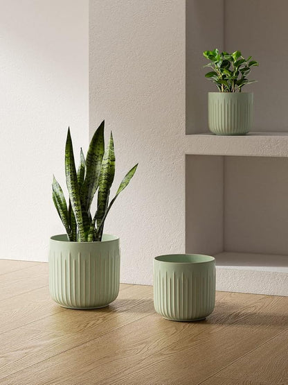 LE TAUCI Fluted Ceramic Pots for Plants, 8.3/7/6 Inch Indoor Planters with Drainage Holes & Mesh, Modern Glossy Glaze Cylinder Plant Pot for Snake Plant, Set of 3, Sage Green