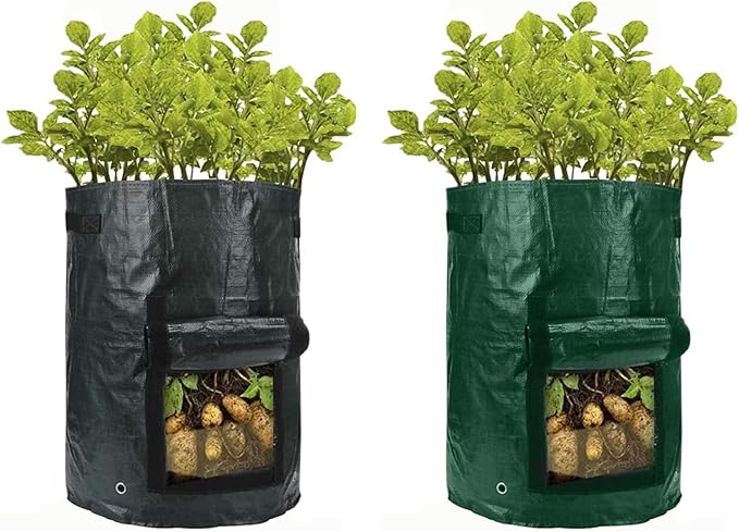 2Pack 10 Gallon Grow Bags with Window to Harvest - Potato Grow Bags with Flap and Handles - Thickened Fabric Pots - Large - Tomato Vegetables Grow Bags with Harvest Window