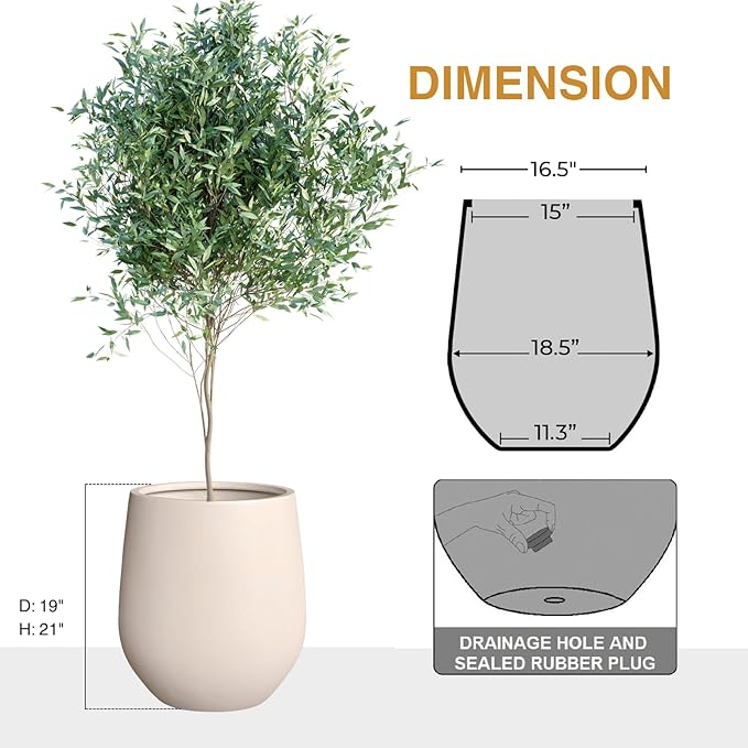 21"H x 19"D Corso Fiberstone Round Tapered Planter with Drainage Hole, Smooth Finishes, Weather Resistant for Indoor & Outdoor Use, Included 2 Extra Coco Mats (Kilim Beige, 15" Pot Opening)
