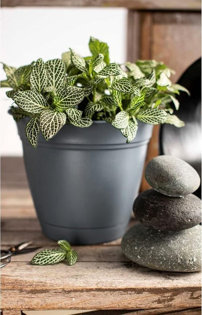 The HC Companies Eclipse Round Planter with Saucer - Outdoor & Indoor Plant Pot with Drainage Holes - Lightweight, UV-Resistant Plastic Pots for Plants, Flowers & Herbs (12" Slate Blue, Pack of 1)