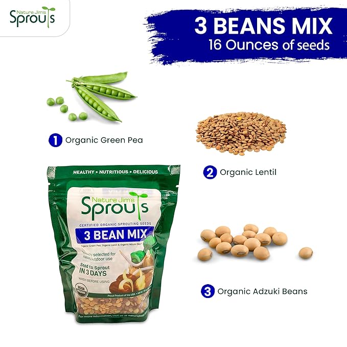 Nature Jim's Sprouts 3-Bean Seed Mix - Organic Green Peas, Lentils & Adzuki Beans for Planting - Non-GMO Microgreen Sprout Seeds, Fast Sprouting, High in Fiber, Protein, Nutrients & Vitamins - 16 Oz