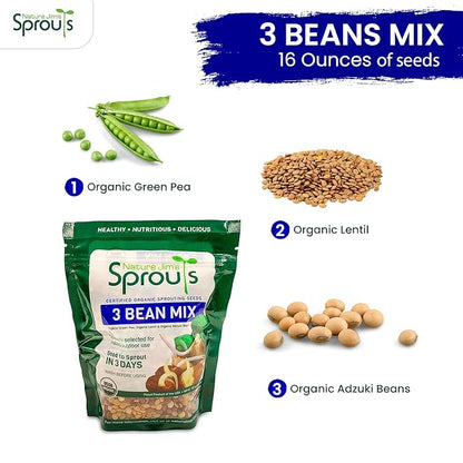 Nature Jim's Sprouts 3-Bean Seed Mix - Organic Green Peas, Lentils & Adzuki Beans for Planting - Non-GMO Microgreen Sprout Seeds, Fast Sprouting, High in Fiber, Protein, Nutrients & Vitamins - 16 Oz