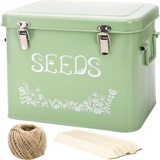 Seed Storage Organizer, Metal Seed Saving Box with Garden String and 10 Wood Plant Labels, 3 Compartment Seed Container Bin with Lid and Safety Locks, Perfect for Flower Plants Garden Lover
