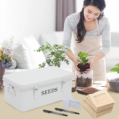 Seed Storage Organizer, 4 Compartment Seed Storage Box with Safety Lock, Metal Seed Box Container with 2 Pens, 20 Plant Labels and 50 Seed Envelopes for Seed Packet & Small Garden Tool, White