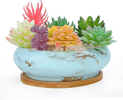 ARTKETTY Succulent Pots - 7.3 Inch Large Bonsai Pots with Drainage Tray, Ceramic Pots for Indoor Plants, Shallow Succulent Planters Marble Cactus Flower Plant Container Bowl