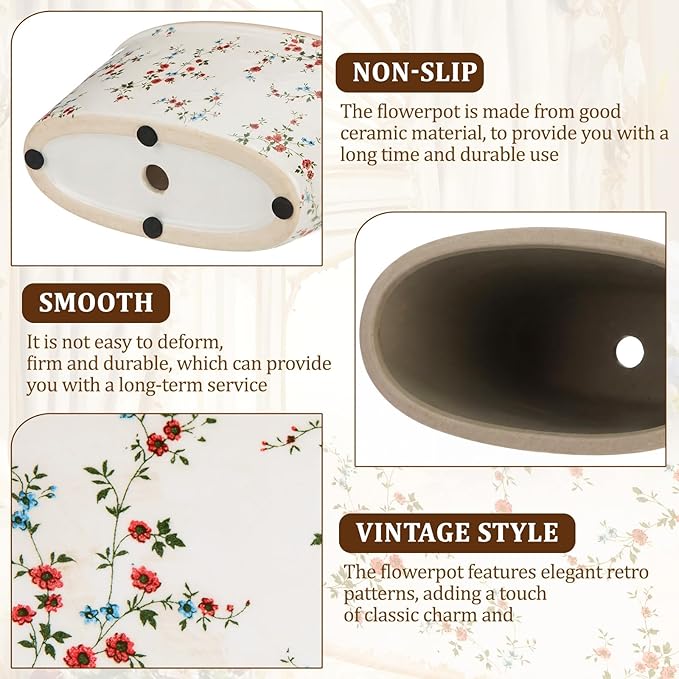 8.6" Large Vintage Ceramic Planter Ice Cracked Farmhouse Rectangle Pots with Drainage Hole Pots for Indoor Outdoor Plants Home Kitchen Windowsill Office Shelf Rustic Decor Gift(Wildflower)