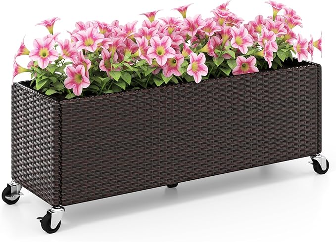 Giantex Wicker Raised Garden Bed with Wheels, 38”x12”x14”, Rectangular Garden Planter Box w/PE Rattan, Liner Fabric, Wicker Patio Elevated Raised Bed for Vegetable Flower Herb Porch Balcony