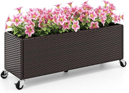Giantex Wicker Raised Garden Bed with Wheels, 38”x12”x14”, Rectangular Garden Planter Box w/PE Rattan, Liner Fabric, Wicker Patio Elevated Raised Bed for Vegetable Flower Herb Porch Balcony