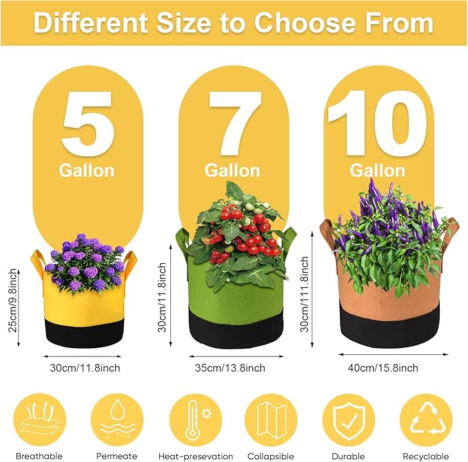 Grow Bags 5Gal/7Gal/10Gal * 2 ，6 Pack Vegetable/Flower/Plant Grow Bags ，Plant Fabric Pots with Handles for Garden and Outdoor Planting (6 Colour, 7 Gallon)