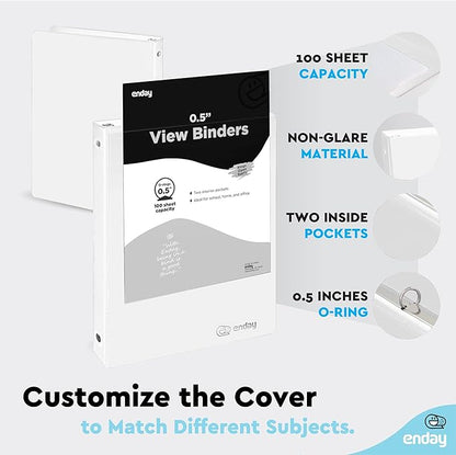 ½ Inch 3 Ring Binder .5 inch White Clear View Cover with 2 Inside Pockets, Colored School Supplies Office and Home Binders – by Enday