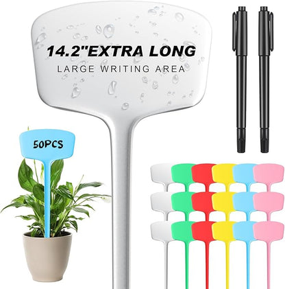 50 Pcs 14.2 Inch Plastic Plant Labels Tags T Type Plant Markers with Pen for Outdoor Indoor Garden Pot Herbs Flowers Vegetable(Multicolor)