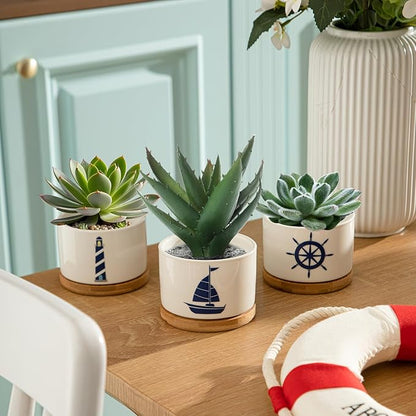 3 Pcs Decor Gift for Women Planter Ceramic Gift Animal Plant Pot with Bamboo Tray for Office Home Farm House Bathroom Kitchen Christmas Decorations (No Plants Included)(Nautical)