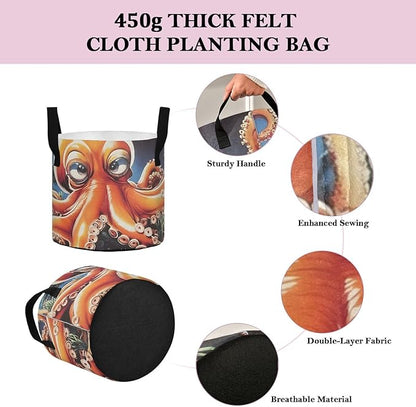 Fabric Plant Grow Bags Cute Octopus, 3Gallon Cloth Planting Pouch Flower Pot Thickened for Garden Vegetable Flower Planting