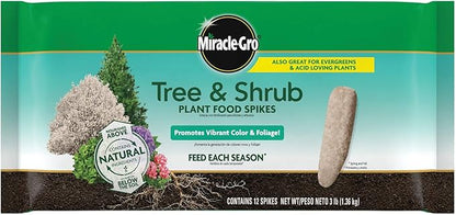 Miracle-Gro Tree and Shrub Plant Food Spikes - Deciduous, Flowering & Evergreen Tree Fertilizer Spikes, Hydrangeas, and Acid-Loving Plants, 12 Count, 3 lb.