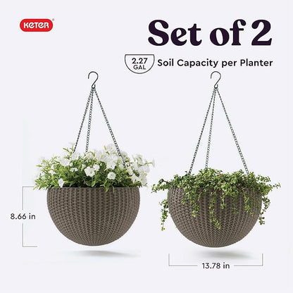 Keter Resin Rattan Set of 2 Round Hanging Planter Baskets for Indoor and Outdoor Plants-Perfect for Porches and Patio Decor, Cappuccino