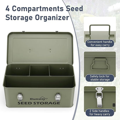 BlumWay Seed Storage Organizer, Metal Seed Saving Box with Lid, Seed Storage Container with Safety Locks, 4 Compartments Seed Packet Organizer, Garden Seed Bin for Plants Flower- Green