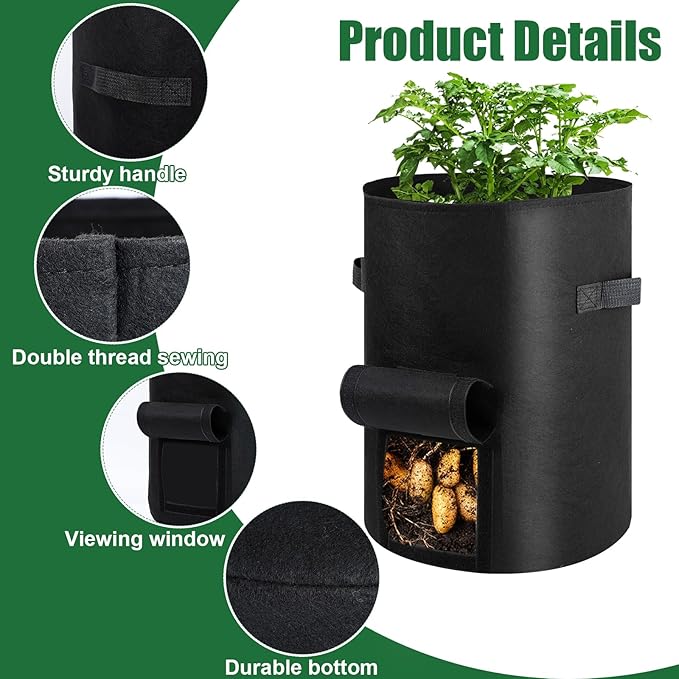 10 Gallon Potato Grow Bags,6 Pack Garden Planting Bag with Durable Handle and Harvest Window,Thick Nonwoven Fabric Planter Pot for Potato Tomatoes Carrots Vegetables and Fruits, Black