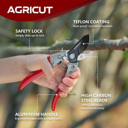 AGRICUT Pruning Shears and Holster - Garden Shears 1 Inch Cut Capacity High Carbon Steel with Pruner Sheath Bypass Garden Scissors Heavy Duty