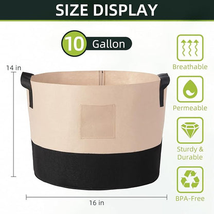 LITLANDSTAR 10 Gallon Fabric Grow Bags, 10 Pack Heavy Duty Thickened Nonwoven Plant Grow Bags with Handles and Label Bags, Fabric Plant Pots for Growing Vegetables Flowers Herbs (Black Mixed Camel)