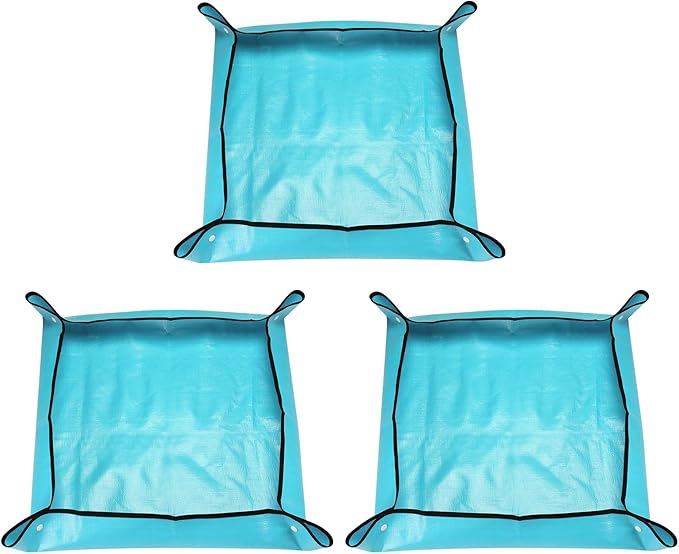 HARFINGTON 3pcs Repotting Mat 26.8" x 26.8" PE Cloth Waterproof Plant Repotting Mat Foldable Portable Gardening Potting Tray with Plastic Buckle for Indoor Plant Change Soil Watering, Blue
