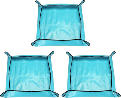 HARFINGTON 3pcs Repotting Mat 26.8" x 26.8" PE Cloth Waterproof Plant Repotting Mat Foldable Portable Gardening Potting Tray with Plastic Buckle for Indoor Plant Change Soil Watering, Blue