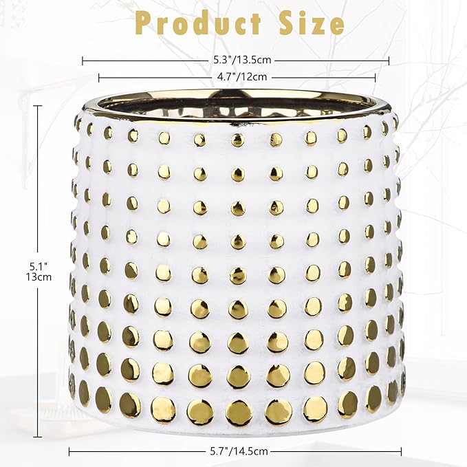 Ceramic Plant Pots Indoor, 5.7 Inch Planters for Indoor Plants Gold Polka Dots Flower Pots with Drainage Hole, Cylinder Round Planters, Gold and White
