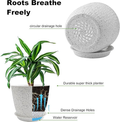 8/7/6 inch Plant Pots, 3 Pack Flower Pots for Outdoor Indoor Garden Plants, Large Planters with Multi Mesh Drainage Holes and Saucer (Speckled White, 8"+7"+6")