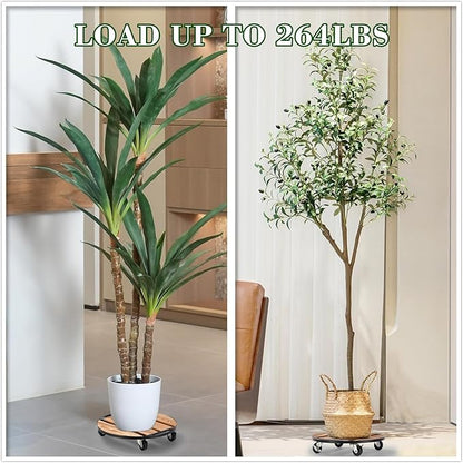 2 Pack Plant Caddy with Wheels,14" + 12" Rolling Plant Stand 264 LB Heavy Duty, Iron and Wood Round Plant Dolly with Metal 360° Lockable Wheels for Outdoor Indoor Large Plant Pots, Patio, Flower Pot