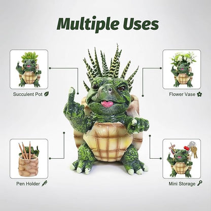 Turtle Succulent Pots with Middle Fingers Up, Middle Finger Gifts, Prank Flower Pot Resin for Indoor Outdoor