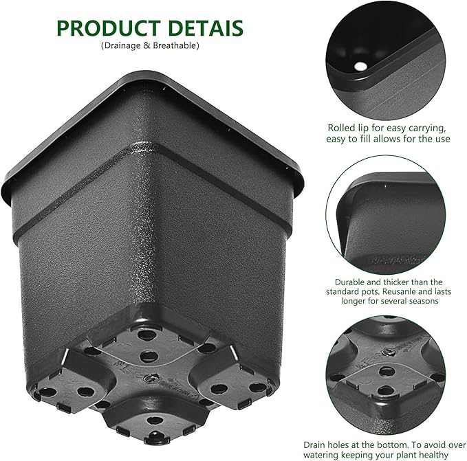 10-Pack Square Planter 3 Gallon Nursery Pots, Injection Molded Plastic Gardening Pots for Indoor Outdoor, Black