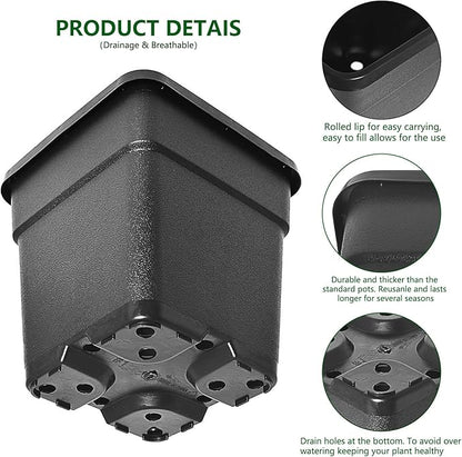 10-Pack Square Planter 3 Gallon Nursery Pots, Injection Molded Plastic Gardening Pots for Indoor Outdoor, Black