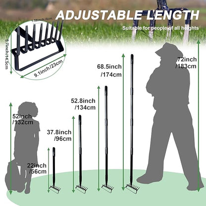 8-Tines Rake and Stirrup Hoe - Adjustable Long Handle Scuffle Loop Action Hoe for Weeding, Digging, Loosening Soil, Stainless Steel Tiller Cultivator for Gardening, Raised Flower Beds Planting.
