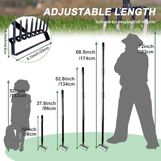 8-Tines Rake and Stirrup Hoe - Adjustable Long Handle Scuffle Loop Action Hoe for Weeding, Digging, Loosening Soil, Stainless Steel Tiller Cultivator for Gardening, Raised Flower Beds Planting.