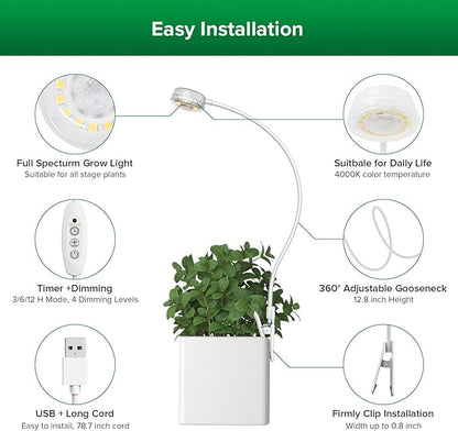 SANSI Grow Lights for Indoor Plants, LED Pot Clip Plant Light for Growing, 4000K Full Spectrum Plant Growing Lamp with 4-Level Dimmable, Auto On Off Timing 3 6 12 Hrs for Small Plants, White 5V 2-Pack