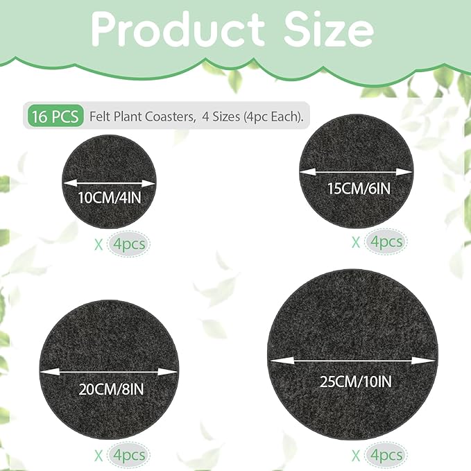 16 Pieces 4 Sizes Felt Plant Coasters, Extra Thick 4/6/8/10 Inch Planter Coaster, Absorbent Fabric Plant Mats, Plant Coasters for House Plants