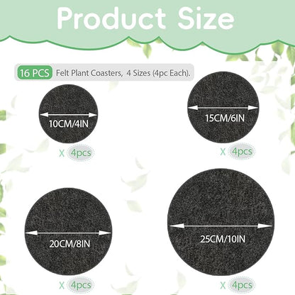 16 Pieces 4 Sizes Felt Plant Coasters, Extra Thick 4/6/8/10 Inch Planter Coaster, Absorbent Fabric Plant Mats, Plant Coasters for House Plants