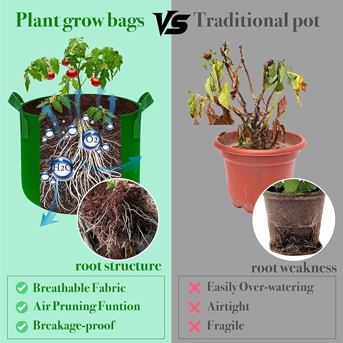 5 Gallon Grow Bags, Grow Bags 5 Gallon Fabric Plant Grow Bags Fabric Planters Garden Bgas Fabric Pots Tomato Planter Bags, 5-Pack, Green
