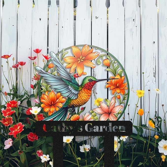 Personalized Hummingbird and Flowers Garden Sign - Customized Custom Colorful Flowers Bird Metal Garden Stake Outdoor Plaque - Lawn Yard Art Decor Sign With Stakes