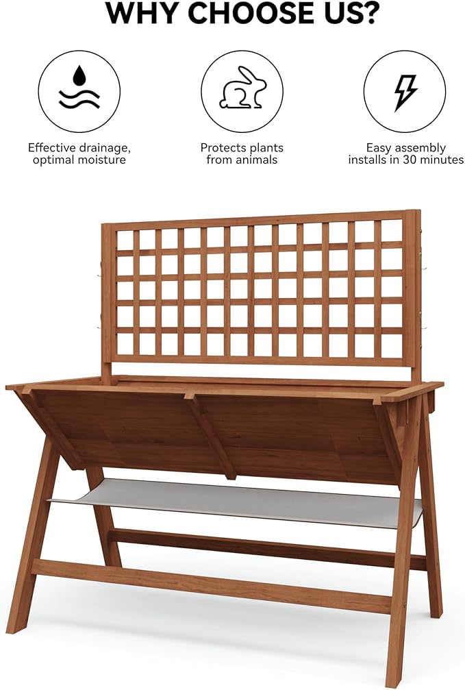 GarveeLife 52x30x54 Inch Tall Elevated Garden Bed with Legs, Standing Raised Planter Box with Climbing Trellis for Vegetables Flowers Herbs, Outdoor Wooden Standing Garden Bed-Brown