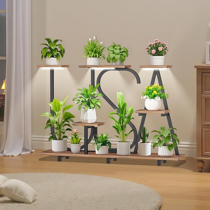 Plant Stand Indoor with Grow Lights - Enlarged 6 Tiered Plant Shelf with Grow Light, 32" USA-Shaped Plant Stand Holds 12 POTS Indoor Plants, Metal Plant Shelf for Home, Living Room, Patio