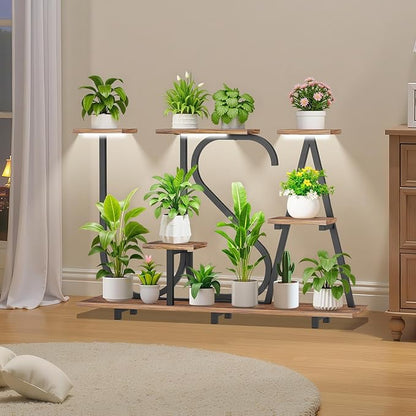 Plant Stand Indoor with Grow Lights - Enlarged 6 Tiered Plant Shelf with Grow Light, 32" USA-Shaped Plant Stand Holds 12 POTS Indoor Plants, Metal Plant Shelf for Home, Living Room, Patio