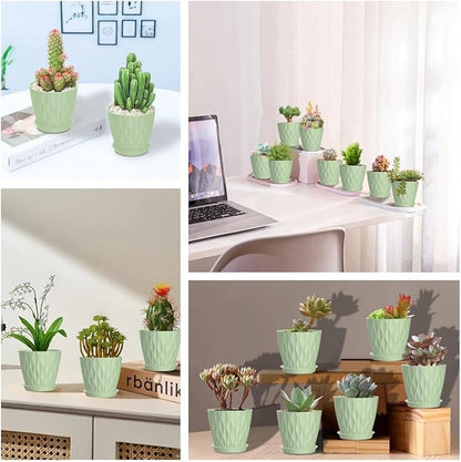16 Pack 4 Inch Plastic Planter Pots with Tray, Heavy Duty Indoor Outdoor Planter Pots with 48 Drainage Holes for Herbs, Succulents, Seedlings, Flowers Durable and Lightweight Light Green