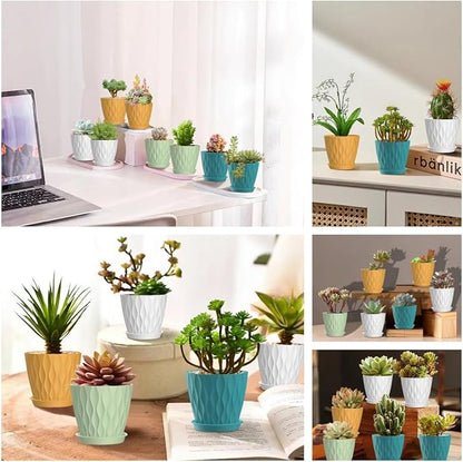 16 Pack 4 Inch Plastic Planter Pots with Tray, Heavy Duty Indoor Outdoor Planter Pots with 48 Drainage Holes for Herbs, Succulents, Seedlings, Flowers Durable and Lightweight Multicolour