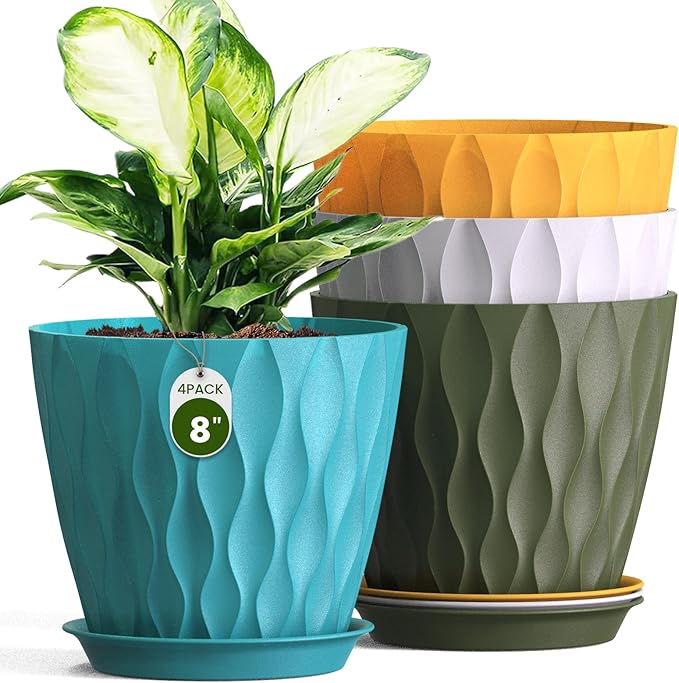 Plastic Plant 8 Inch, 4 Pack with Drainage Holes & Saucers, Water Wave Decorative Plant Pots for Indoor Outdoor Plants, Patio, Garden, Home Decor (4, Colorful)