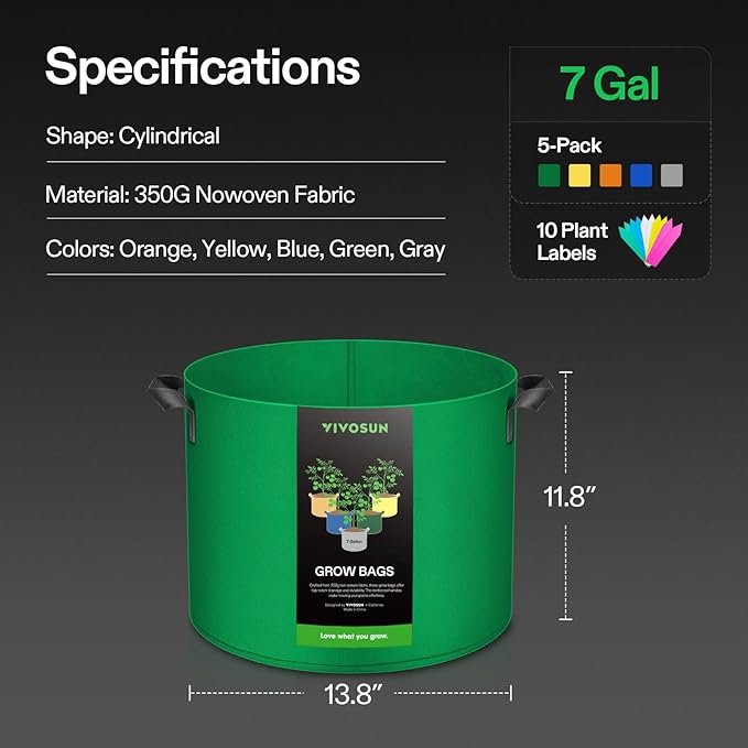 VIVOSUN 5-Pack 7-Gallon Colored Grow Bags, 350G Thick nonwoven Fabric Pots with Handles for Flowers, Fruits and Vegetables