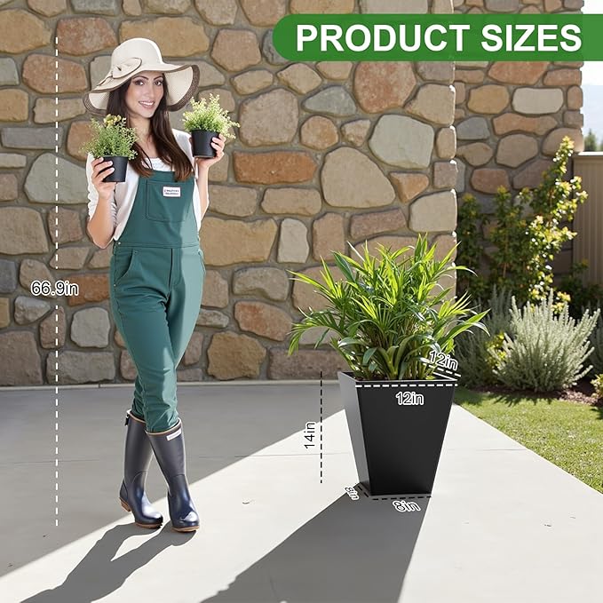 Tall Black Planter for Outdoor Plants, 22" Outdoor Planters for Porch,Mertal Large Flower Pot with Drainage Holes for Porch,Garden, Patio, Yard