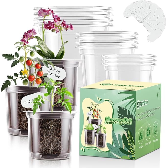 SupKing Clear Nursery Pots 5/4/3.5 Inch Plastic Seed Starter Plant Flower Pot with Drainage Holes for Transplanting Succulents Cuttings Seedlings 15 Labels (12Pcs)