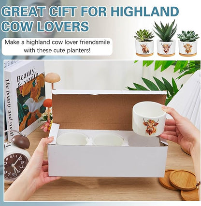 3 Pcs Decor Gift for Women Planter Ceramic Gift Animal Plant Pot with Bamboo Tray for Office Home Farm House Bathroom Kitchen Christmas Decorations (No Plants Included) (Highland Cow)
