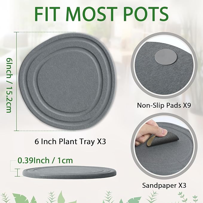 Plant Saucers for Indoors, 3 Pack 6" Quick Drying Diatomite Plant Drip Water Catcher Trays for Pots, Diatomaceous Earth Planter Drainage Saucers Plates to Catch Water for Flower and Plants, Stone Gray